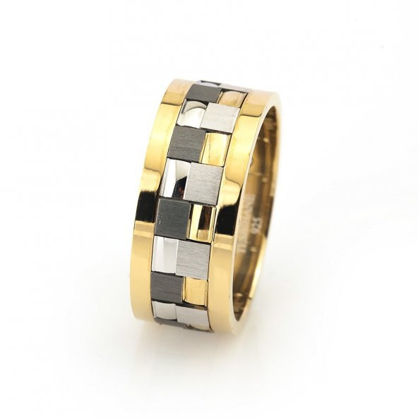 Modern Kare Tasarım Gri-Gold Renk 925 Ayar Gümüş Erkek Alyans - 2