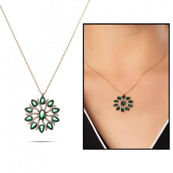 Beyaz Zirkon Taşlı Güneş Damlası Tasarım Yeşil 925 Ayar Gümüş Bayan Kolye