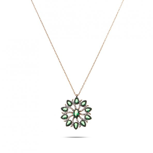 Beyaz Zirkon Taşlı Güneş Damlası Tasarım Yeşil 925 Ayar Gümüş Bayan Kolye - 5