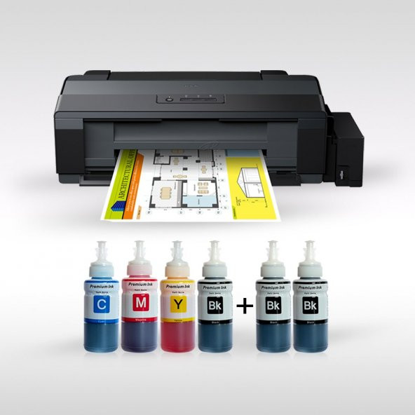 Epson L1300 ITS Photoink 4 Renk Bitmeyen Kartuşlu A3+ Yazıcı (2 adet Siyah Mürekkep Hediyeli)