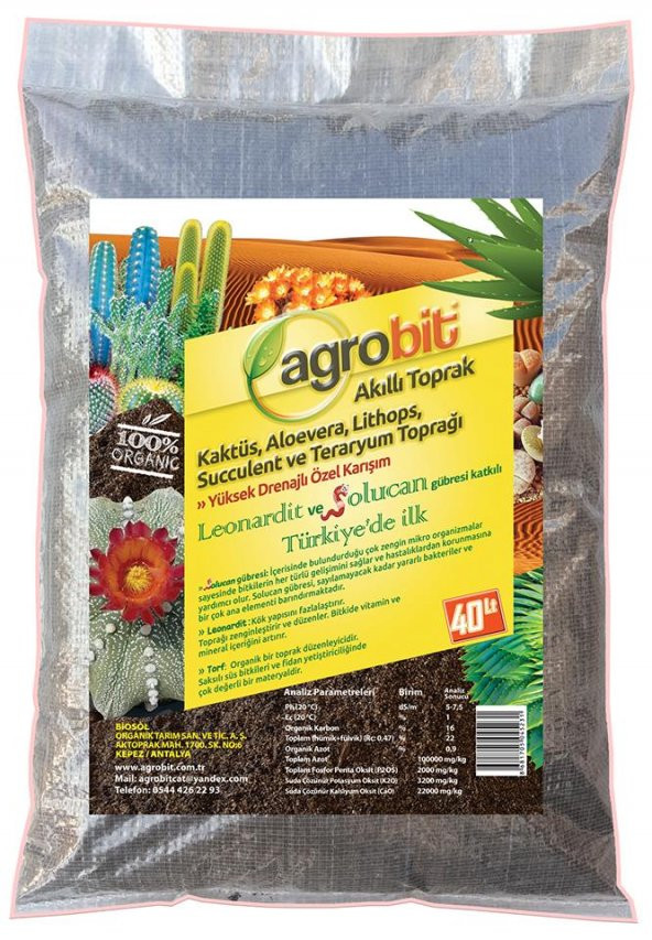 Agrobit Akıllı Toprak 40lt Kaktüs Aloevera Lithops Ve Succulent Toprağı Harcı Gübreli