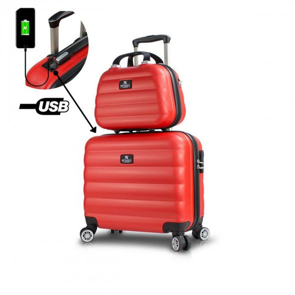 My Valice Smart Bag Colors Usb Şarj Girişli 2li Valiz Seti (Pilot ve Makyaj) Kırmızı