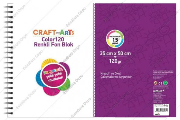 Craft and Arts Renkli Fon Blok 120 gr 35x50 cm 15 Yaprak