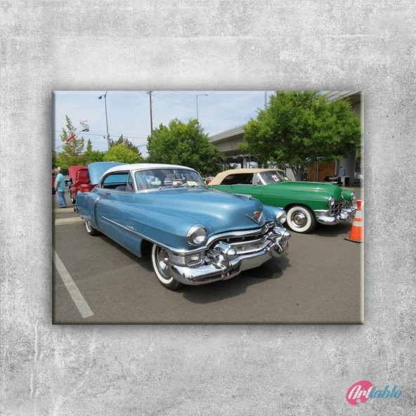 Cadillac Mavi Klasik Otomobiller 1 Siyah Klasik Tablo