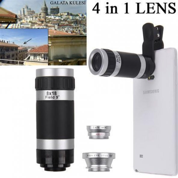 4 ü 1 Arada Lens Teleskop-Balık Göz-Wide Angle-Macro Markacase