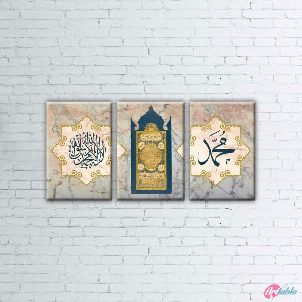 Allah - Hz. Muhammed ve Kuran Yazıt Hat Osmanlı ve İslami - Parçalı Kanvas Tablo - 3 Parça - 3P0013 - 75 x 150 CM