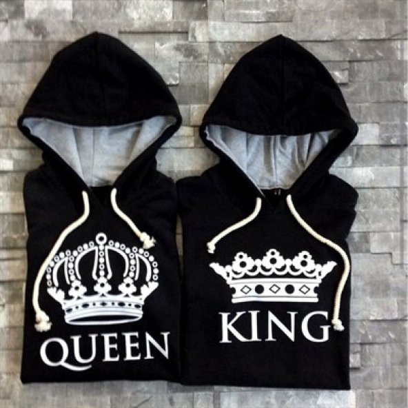 Siyah King Queen Kapşonlu Sevgili Çift Sweatshirt