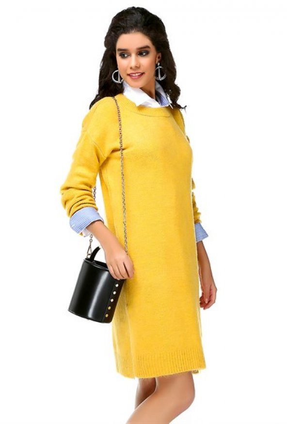 Bonalodi Şardonlu Yırtmaçlı Örme Sarı Tunik Elbise