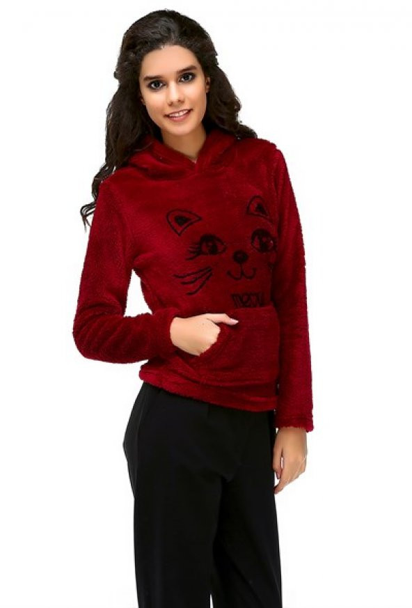 Bonalodi Kapüşonlu Peluş Meow Kadın Bordo Sweat