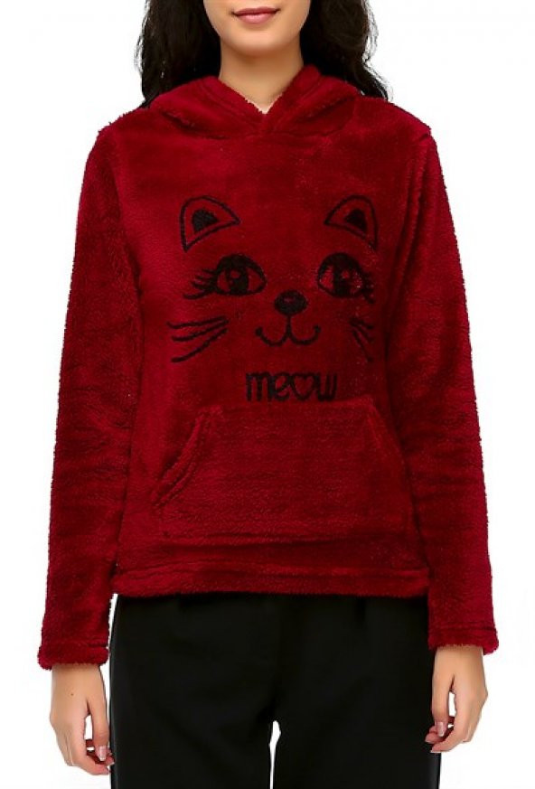 Bonalodi Kapüşonlu Peluş Meow Kadın Bordo Sweat - 9