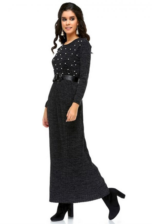 Bonalodi Eteği Piliseli İncili Triko Siyah Uzun Maxi Kadın Elbise