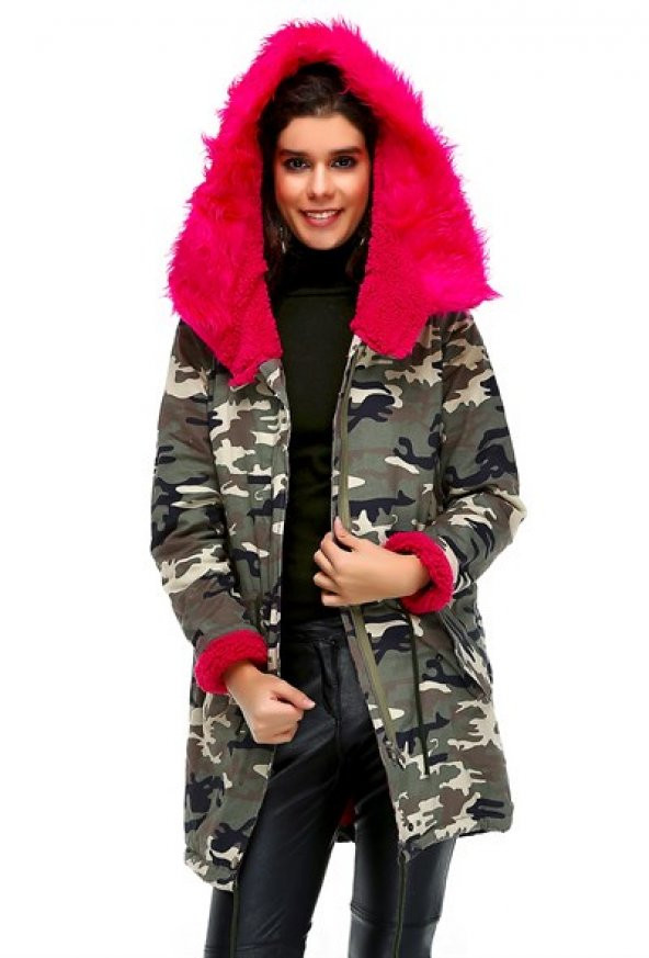 Bonalodi Kamuflaj Arma İçi Polar Bayan Kürklü Mont Parka Kaban - 6