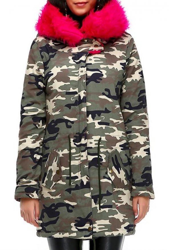 Bonalodi Kamuflaj Arma İçi Polar Bayan Kürklü Mont Parka Kaban - 10