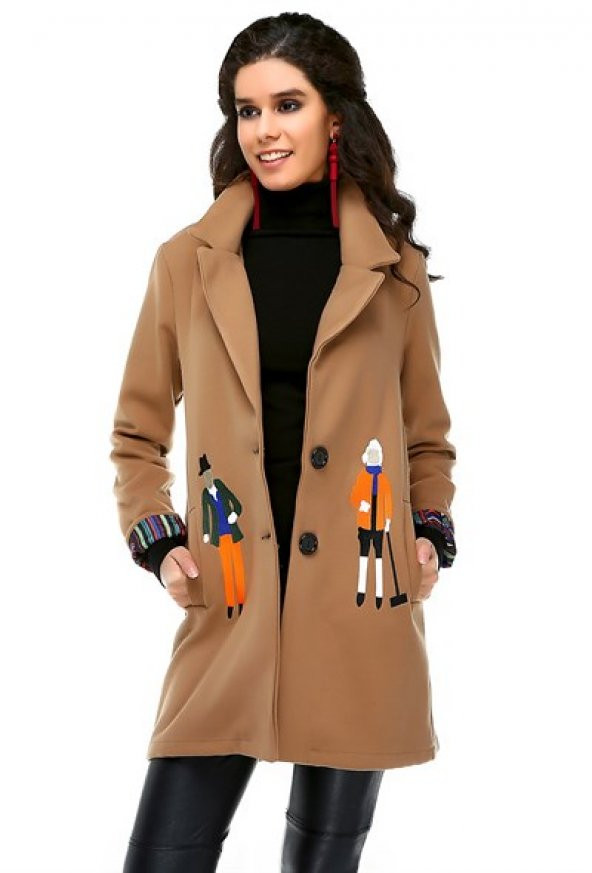 Bonalodi Kaşe Kumaş Nakış İşleme Tasarım Kol Katlı Bayan Kaban Ceket