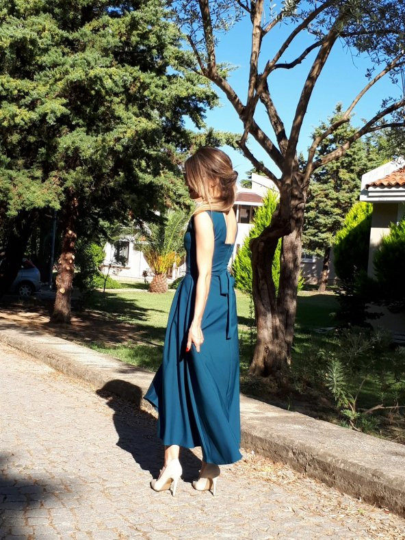 Bonalodi Petrol Mavi Maxi Kuşaklı Kadın Elbise