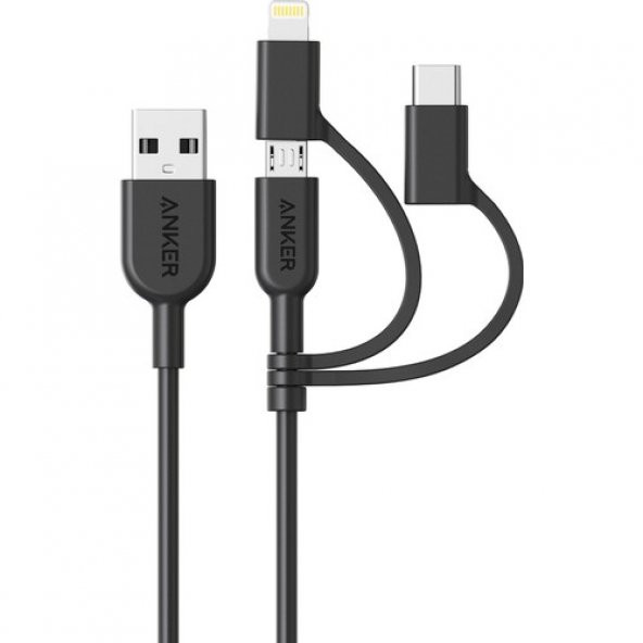 Anker Powerline II 3in1 Lightning + Type-C + Micro USB to USB 2.0 Dayanıklı MFI Lisanslı Data ve Şarj Kablosu 0.9M