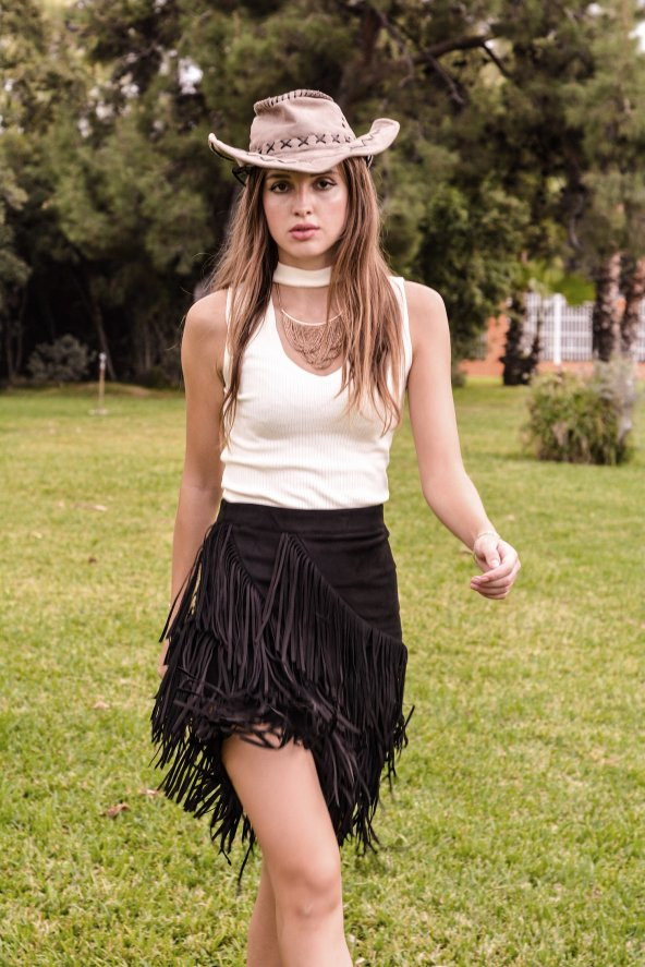 Süet Püsküllü Etek - 1