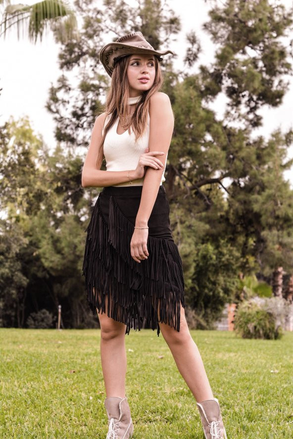 Süet Püsküllü Etek - 4