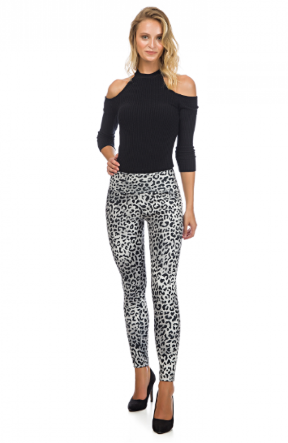 Siyah Beyaz Leopar Tayt Pantolon - 3