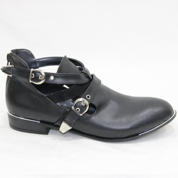 Siyah Cilt 5001 Tokalı Fermuarlı Yarım Ayakkabı