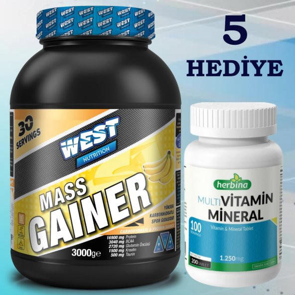 West Nutrition Mass Gainer 3000 gr + Multivitamin Mineral 200 Tablet Kilo Hacim Pkt