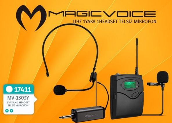 MAGICVOICE MV-1303Y UHF 1 YAKA + 1 HEADSET KABLOSUZ TELSİZ MİKROFON