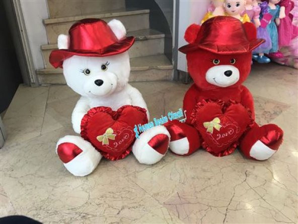 Peluş Oyuncak Ayı Kırmızı Şapkalı Love Kalp Yastıklı 60 Cm Sevgililer Günü Hediyesi - 5