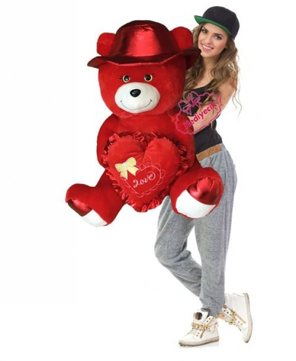 Peluş Oyuncak Ayı Kırmızı Şapkalı Love Kalp Yastıklı 60 Cm Sevgililer Günü Hediyesi