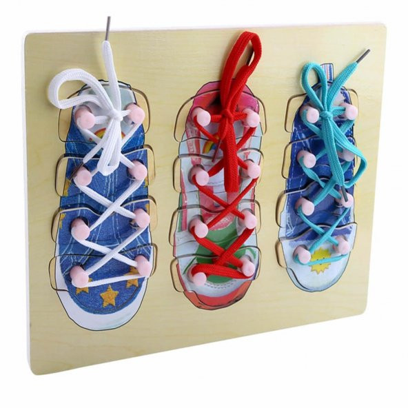 Ahşap Ayakkabı İpe Bağcık Geçirme ve Bağlama Oyunu Montessori Etkinlik İpe Bağcık Dizme Bultak Oyunlu