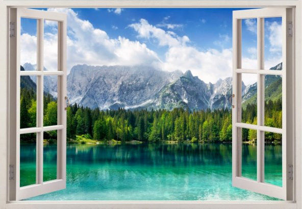 Pencereden Göl Manzarası 3D Etkili ( Boyutlu ) Duvar Kağıdı 105 x 150 cm.