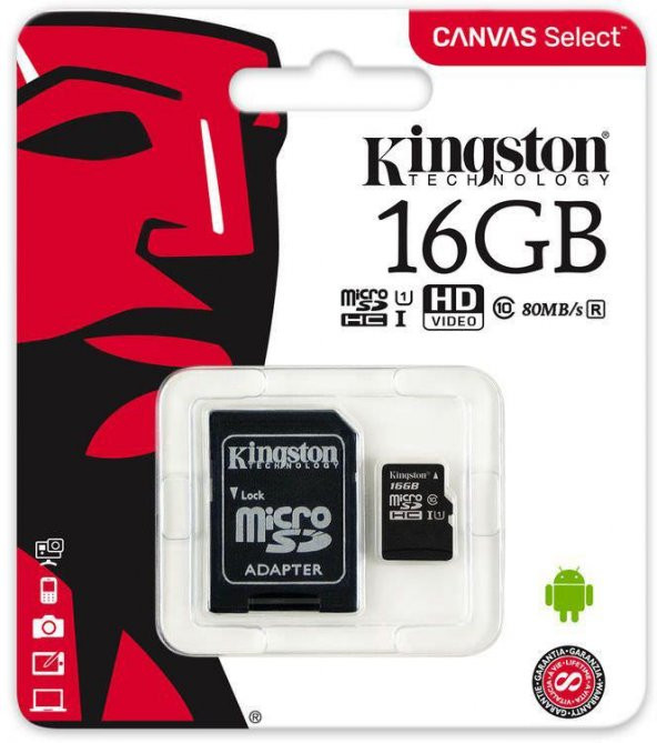 Kingston Canvas Select 16Gb 80Mb/S Class 10 SDCS Hafıza Kartı MicroSD