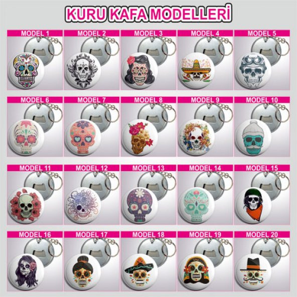 Anahtarlıklı Açacak Kuru Kafa Modelleri 10 adet - 2