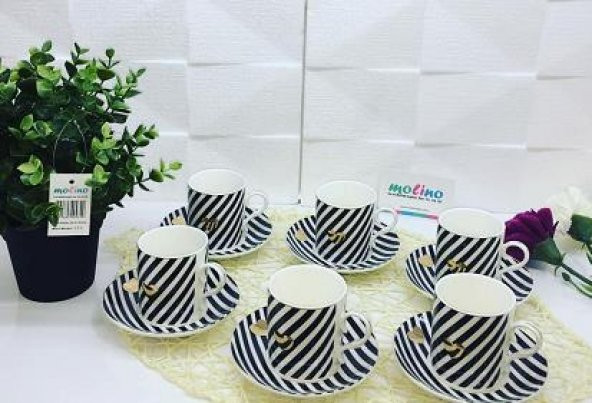 6lı Porselen Siyah Beyaz Çizgili Kalp Model Kahve Fincan Takımı