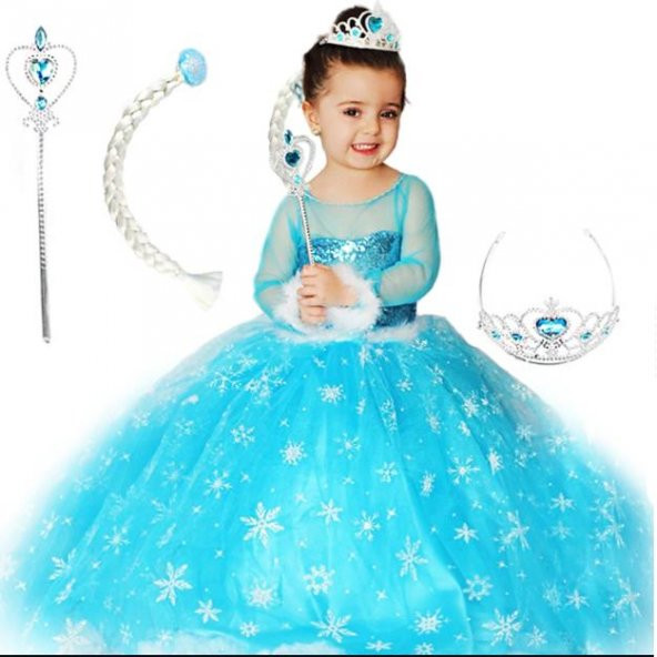 Elsa Kostümü Frozen Elsa Simli Kostum Uzun Kollu Ful Aksesuarlı - 2