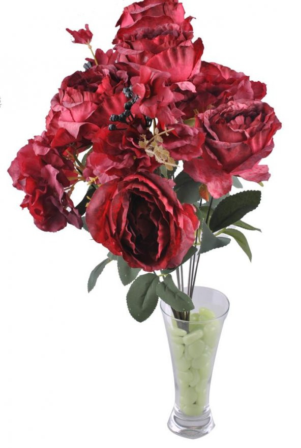 11 Dallı 50 cm Boy Damarlı Gül Yapay Çiçek Kırmızı-CK007KZ