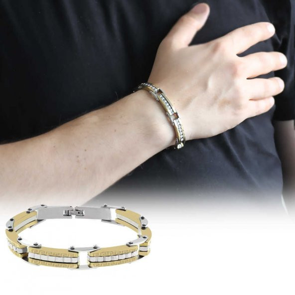 Labirent Tasarım Gümüş-Gold Kombinli Çelik Erkek Bileklik (M-2) - 2