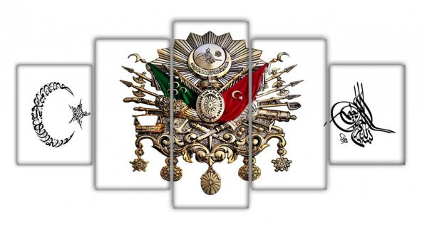 5 Parça Ayyıldız Osmanlı Devlet Armalı Tuğralı Kanvas Tablo - 2