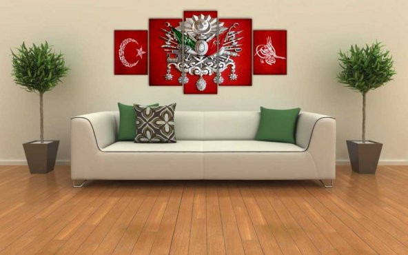 5 Parça Osmanlı Devlet Armalı Ayyıldız Tuğralı Kanvas Tablo - 6