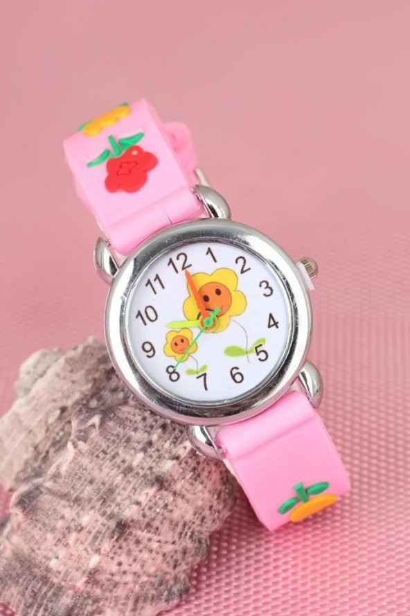 Pembe Renk Çiçekli Tasarımlı Silikon Kordonlu Çocuk Saati