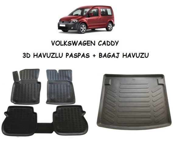 KRC Volkswagen Caddy 2004-2020 3D Havuzlu Paspas + Bagaj Havuzu