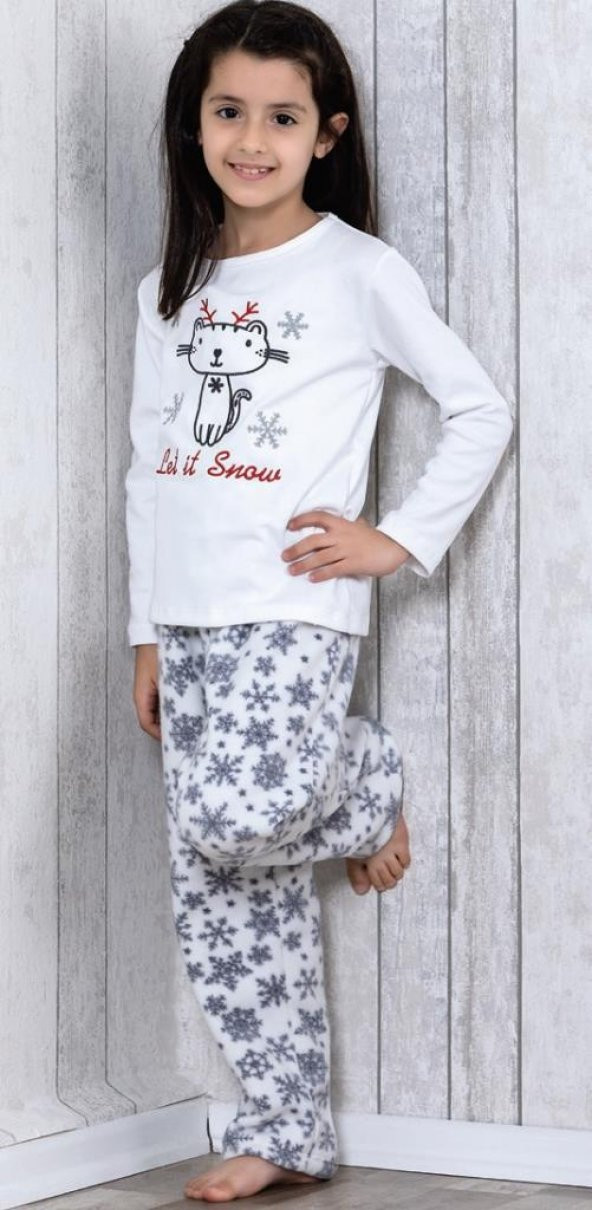Lingabooms 3036 Uzun Kol Bisiklet Yaka Çocuk Polar Nakış Detaylı Pijama Takımı