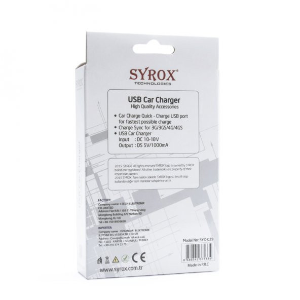 Syrox C29 Araç Şarj Adaptörü 1A Siyah - 3