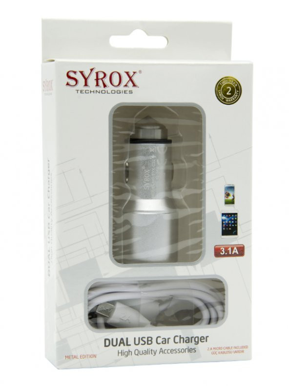 Syrox C32 Metal Araç İçi Şarj Adaptörü ve Micro USB Kablo Set 3.1A Füme - 3