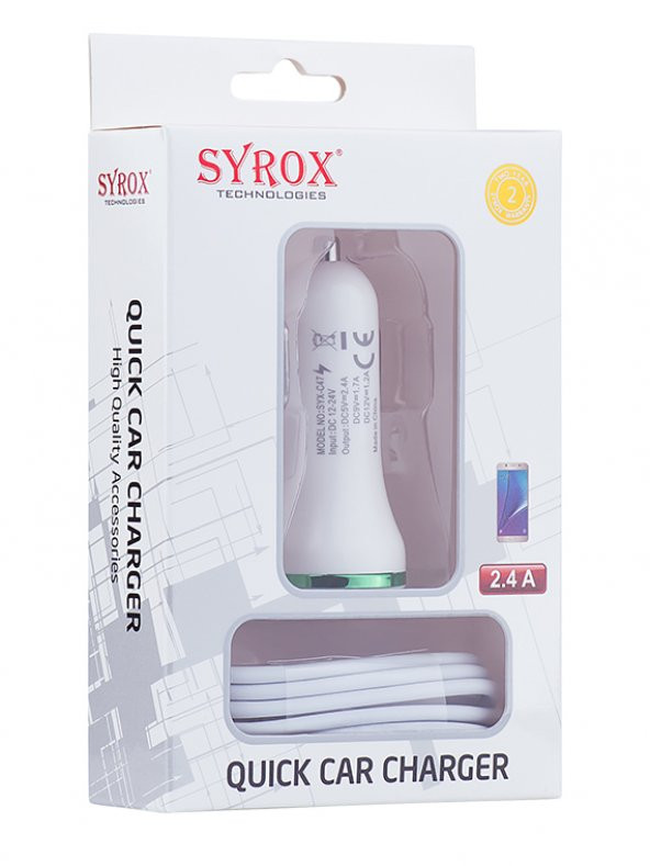 Syrox C47 Araç Şarj Aleti Micro USB Kablo Set 2.4A Beyaz - 3