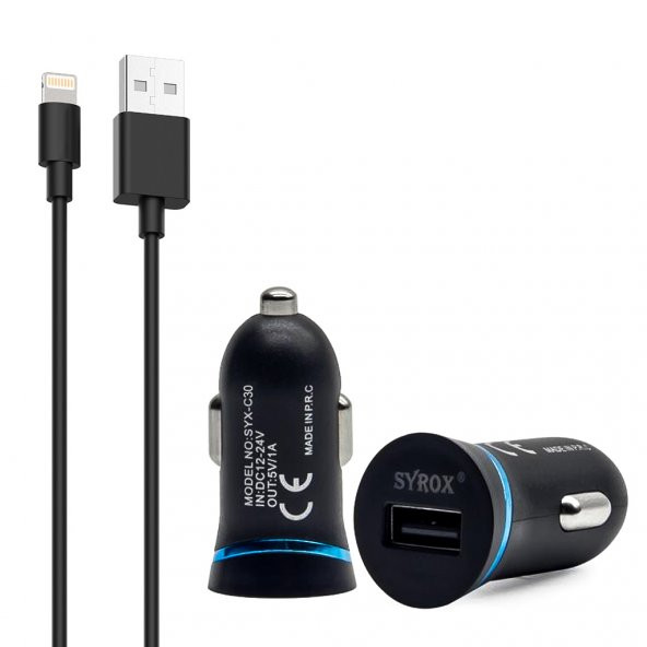 Syrox C30 Araç Şarj Aleti iPhone Lightning Kablo Set 1.0A Siyah