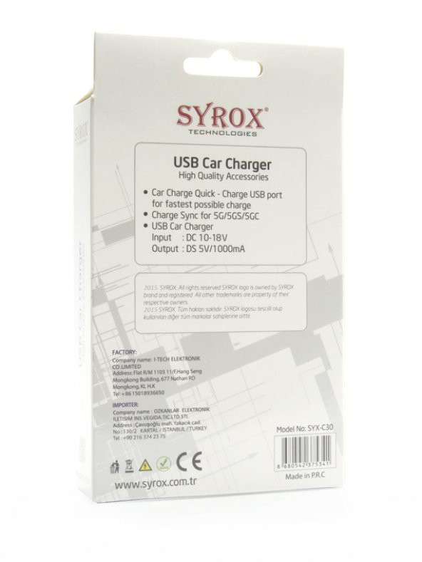 Syrox C30 Araç Şarj Aleti iPhone Lightning Kablo Set 1.0A Siyah - 2