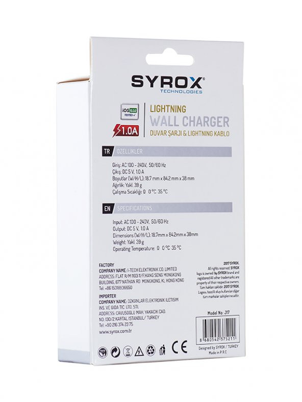 Syrox J17 iPhone Lightning Kablolu Şarj Aleti Set 1.0A Beyaz - 2
