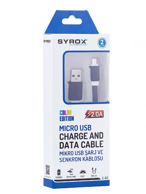 Syrox C63 Micro USB Şarj ve USB Data Kablosu Yassı 2.0A 1.2mt Siyah - 2