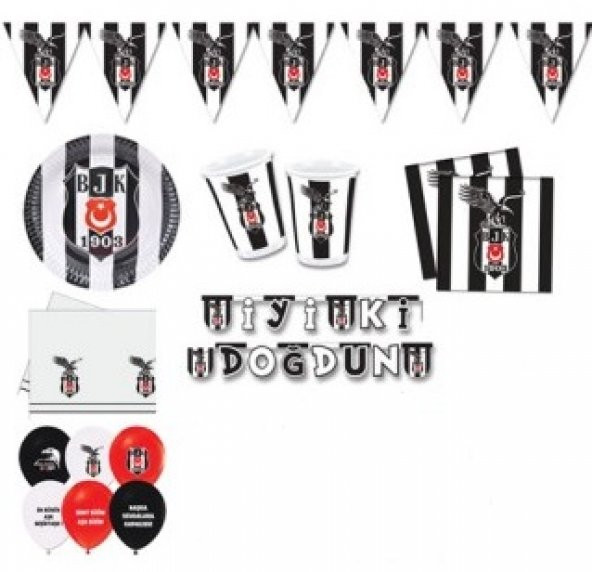 Beşiktaş 8 Kişilik 7 Parça Doğum Günü Set Mini siyah beyaz