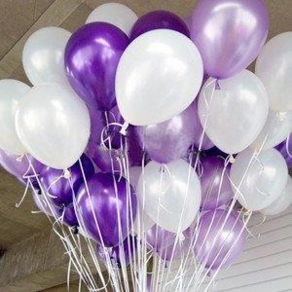 25 Adet Metalik Sedefli ( Mor-Beyaz) Karışık Balon Helyumla Uçan